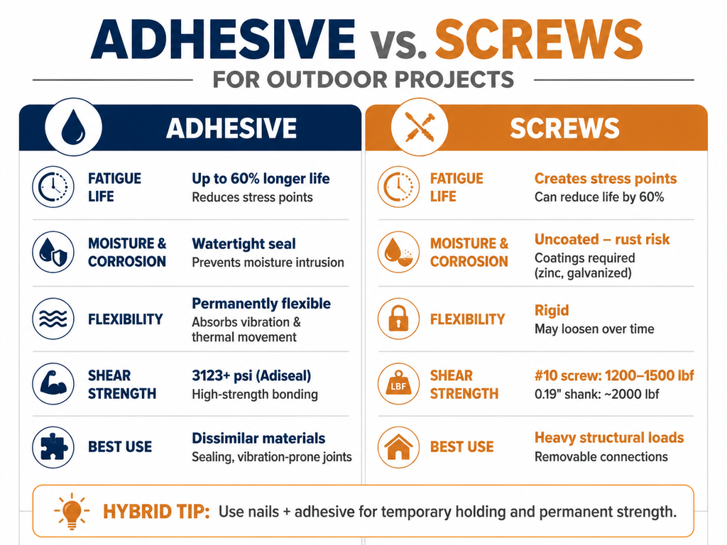 Informative graphic comparing adhesive bonding and mechanical screws for outdoor use. Key data points include: adhesives reduce fatigue life loss, provide a watertight seal, remain permanently flexible, and achieve 3123+ psi in tests; screws create stress points, require coatings to prevent corrosion, are rigid, and offer high shear strength (1200–2000 lbf). A hybrid nail-and-adhesive tip suggests using nails as temporary clamps while glue sets.