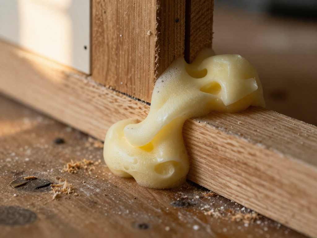 Close-up of a wood joint with polyurethane glue foam expanding out of the seam.