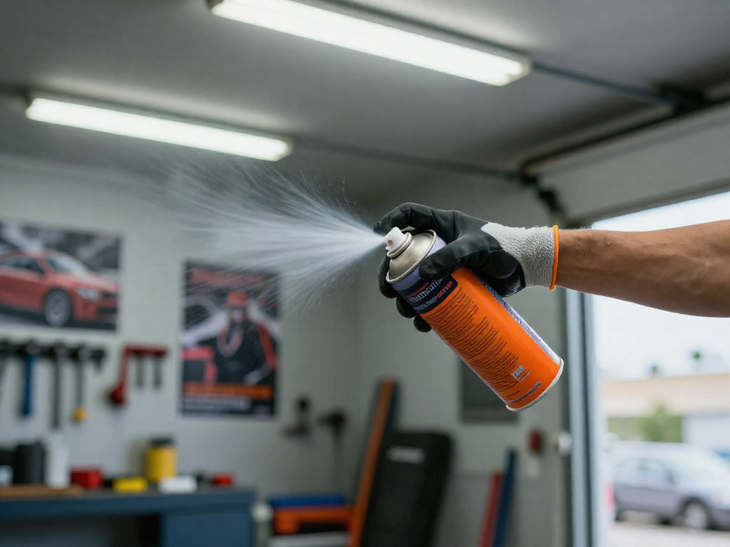 Hands in gloves shaking a can of expanding polyurethane foam in a workshop.