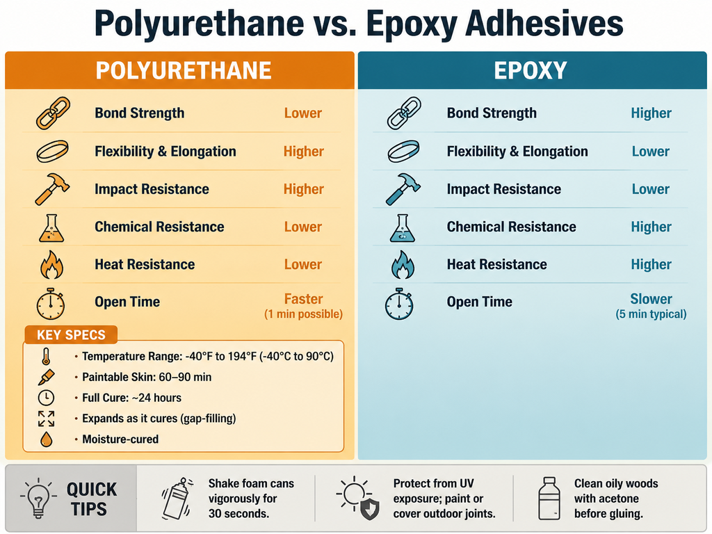 Two-column infographic comparing polyurethane and epoxy adhesives. Polyurethane excels in flexibility, impact resistance, and faster open time. Epoxy excels in bond strength, chemical resistance, and heat resistance. Polyurethane can be used in temperatures from -40°F to 194°F, forms a paintable skin in 60-90 minutes, expands for gap filling, and fully cures in about 24 hours. Quick tips include shaking foam cans for 30 seconds, protecting from UV light, and cleaning oily woods with acetone.