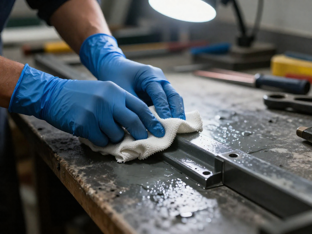 A person wearing blue gloves and safety glasses wipes a primer-soaked white cloth onto a metal bracket on a workbench.