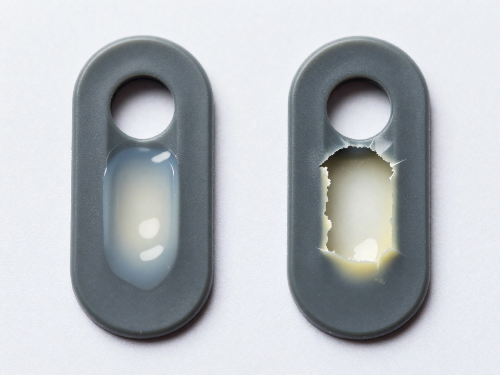 Side-by-side view of two plastic pieces after glue failure: one unprimed with adhesive peeled off cleanly, the other primed with adhesive residue clinging to the surface.