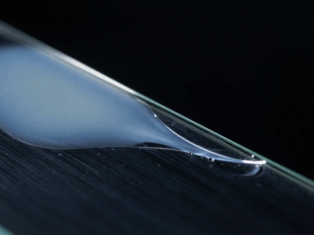 Close-up of a droplet of primer on a dark surface, transitioning from a milky white edge to a clear, glossy center as it dries.