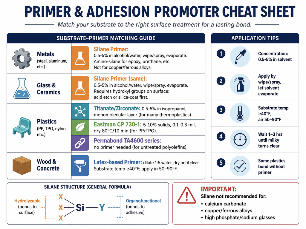 Infographic titled 'Primer & Adhesion Promoter Cheat Sheet' providing a substrate-to-primer matching guide and application tips. It covers silane primers for metals and glass, titanate/zirconate and Eastman CP 730-1 for plastics, Permabond acrylics for untreated polyolefins, and latex primers for wood/concrete. Includes concentration ranges, application methods, temperature requirements, drying indicators, and a warning about substrates not recommended for silane. Also features a simplified silane molecular structure diagram.