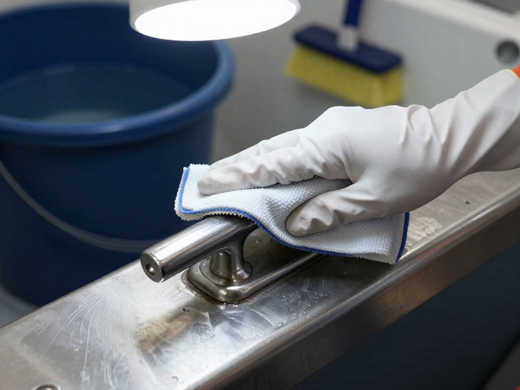 Gloved hands cleaning a metal boat cleat with a solvent-dampened cloth.