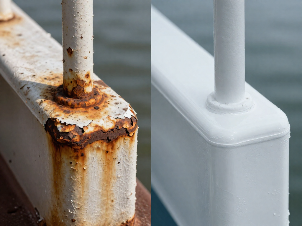 Side-by-side comparison of a deteriorated adhesive joint and a flawless adhesive joint on boat hardware.