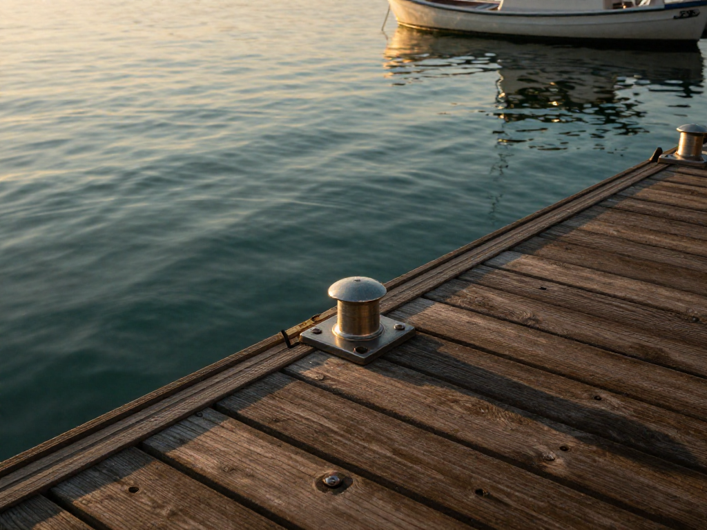 A dock extending over calm water at sunset, with a metal cap securely bonded to a piling.