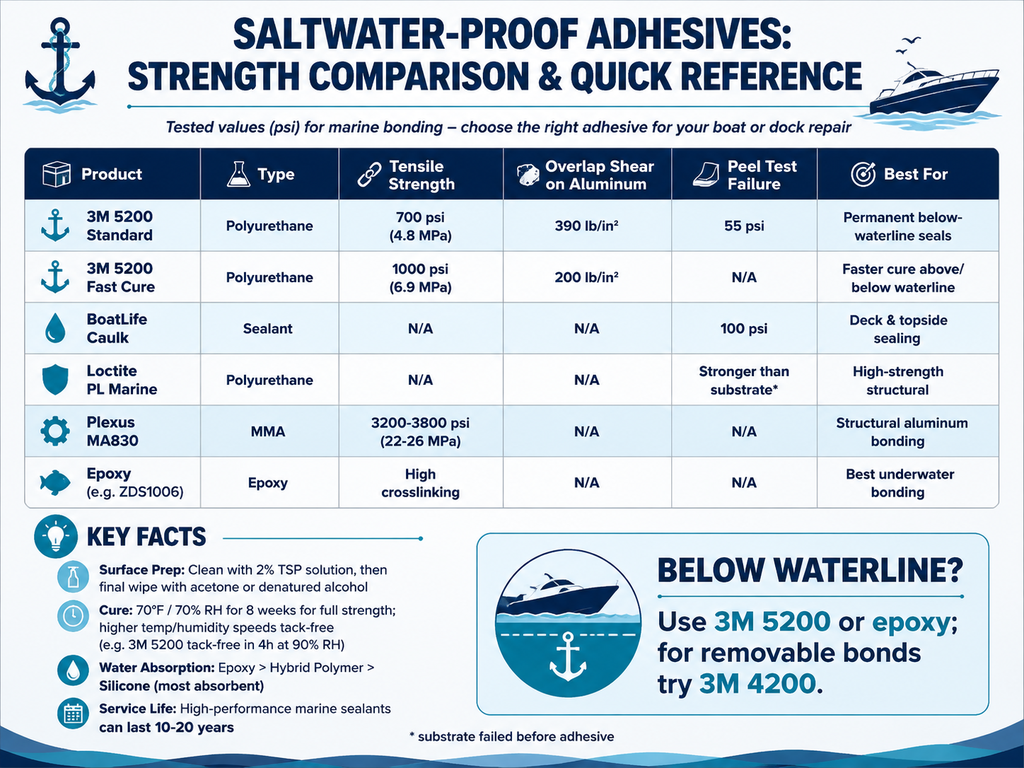 Infographic comparing marine adhesive strength: 3M 5200 (standard and fast cure), BoatLife Caulk, Loctite PL Marine, Plexus MA830, and epoxy. Includes tensile and shear strengths, peel test failure values, and best-use applications. Key facts detail surface preparation, cure conditions, water absorption rankings, and service life up to 20 years.