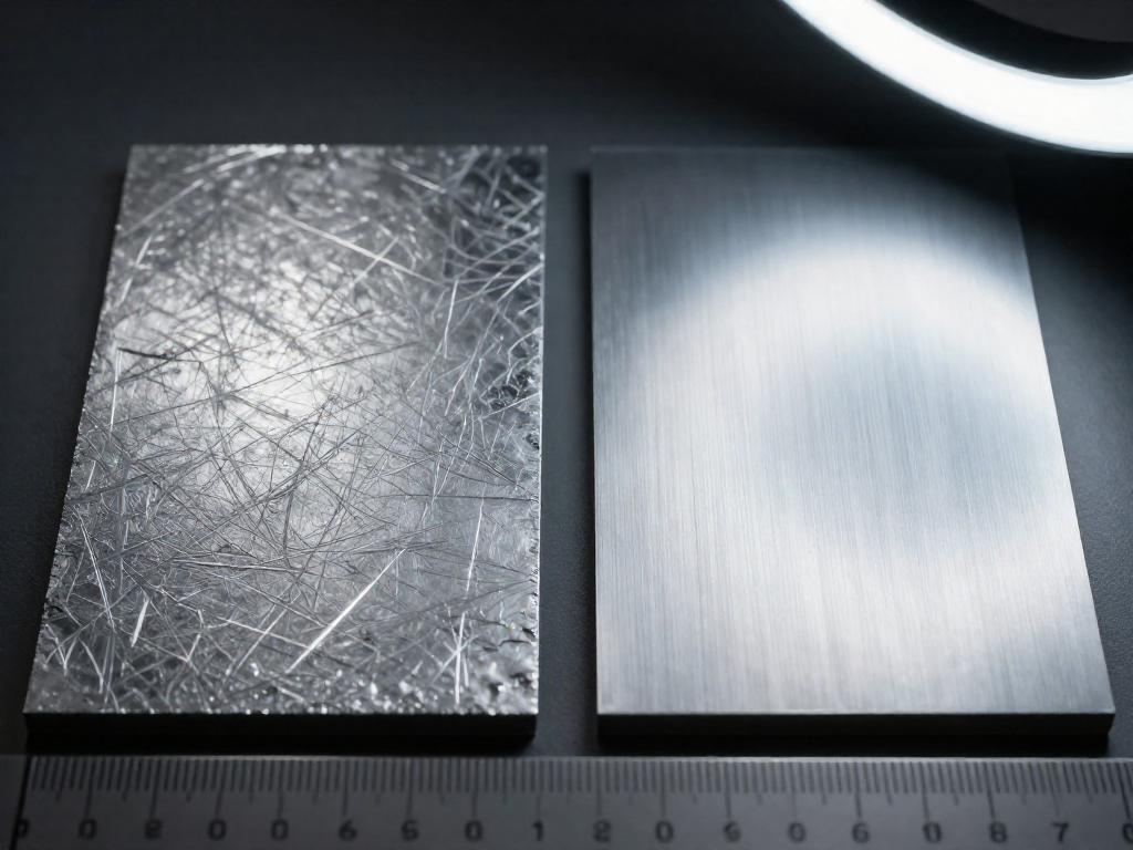 Side-by-side macro photograph showing the rough texture of a sanded metal surface next to a smooth unsanded metal surface.