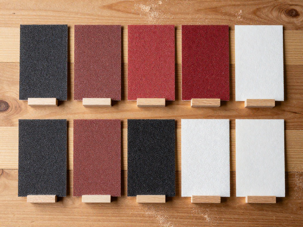 Overhead view of various grit sandpaper sheets arranged in a row on a wooden workbench.