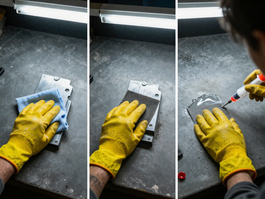 Top-down view of gloved hands performing surface preparation steps: cleaning, sanding, and applying adhesive on a metal bracket.