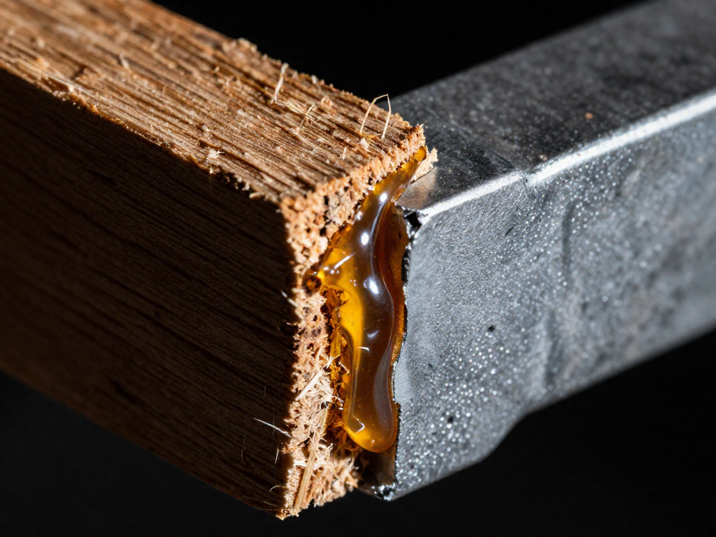 Extreme close-up of a cross-sectioned bonded joint showing adhesive penetrating the uneven surfaces of wood and metal.