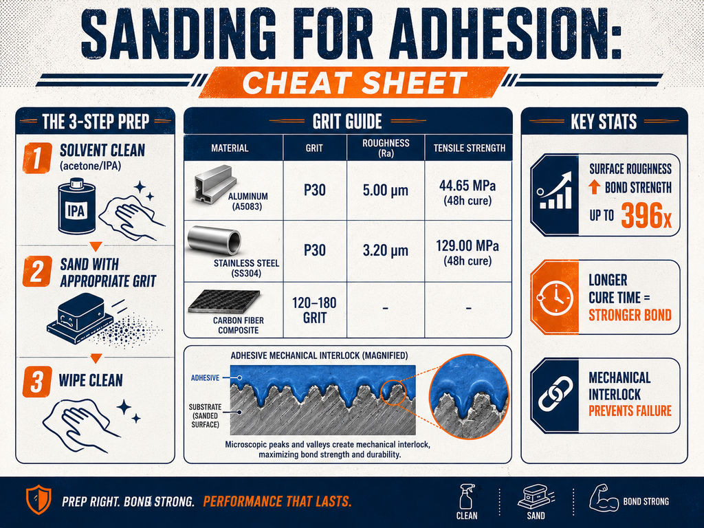 Infographic cheat sheet on sanding for adhesion: 3-step surface prep (solvent clean, sand, wipe clean); grit guide recommending P30 for aluminum (5.00 µm Ra) and stainless steel (3.20 µm Ra) achieving 44.65 MPa and 129.00 MPa respectively, and 120-180 grit for composites; key stats noting surface roughness increases bond strength up to 396 times, longer cure time improves strength, and mechanical interlock prevents failure.
