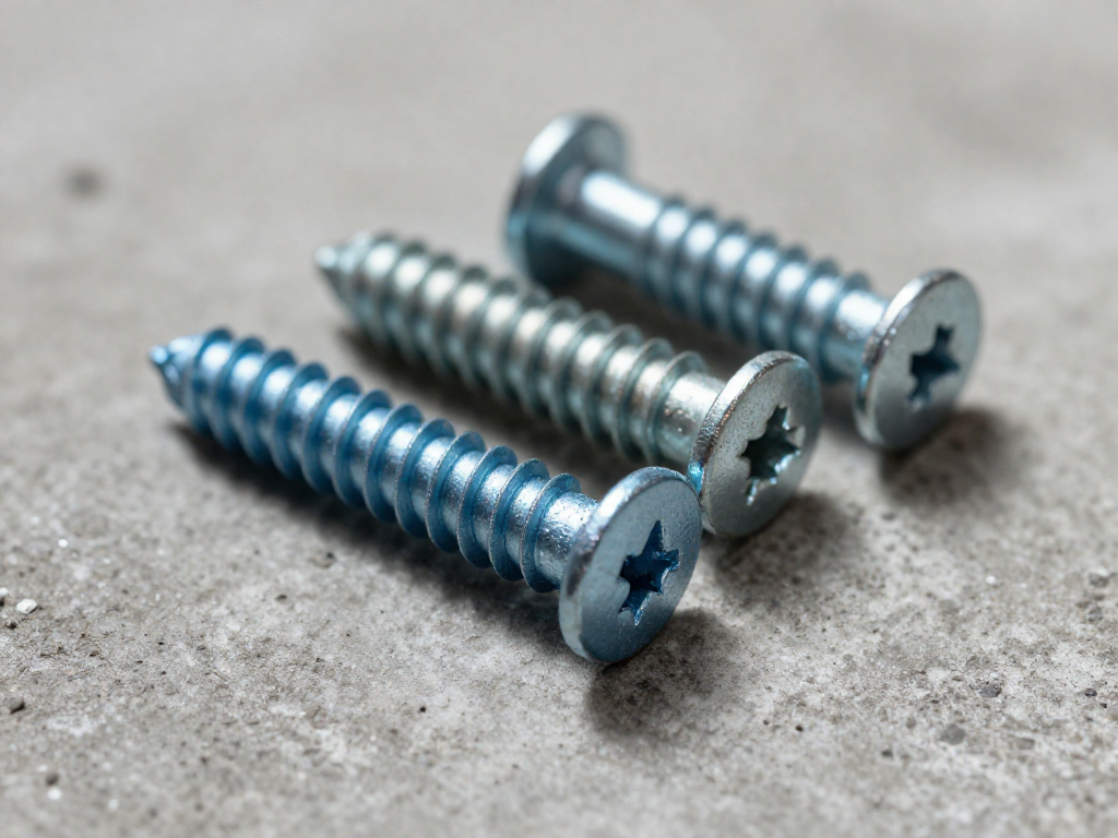 Close-up of three different concrete fasteners on a rough concrete surface: a blue Tapcon screw, a wedge anchor, and a sleeve anchor.