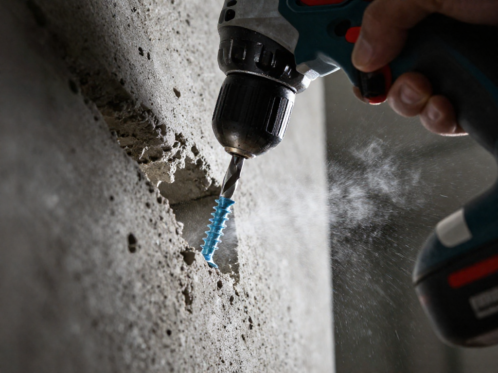 A power drill driving a blue Tapcon screw into a hole in a concrete block, with concrete dust flying in the air.