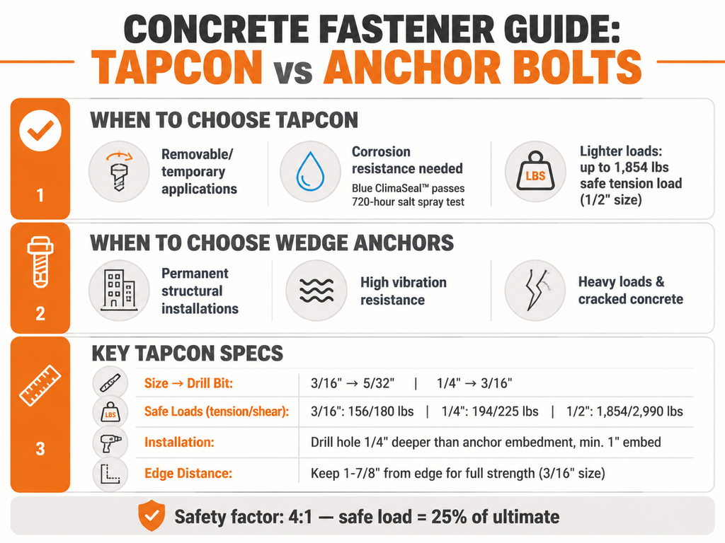 Infographic comparing Tapcon concrete screws and wedge anchors. Title: 'Concrete Fastener Guide: Tapcon vs Anchor Bolts'. Sections: When to Choose Tapcon (removable, corrosion resistant, lighter loads up to 1,854 lbs safe tension), When to Choose Wedge Anchors (permanent, high vibration, heavy loads), Key Tapcon Specs (sizes 3/16" and 1/4" with drill bits 5/32" and 3/16", safe loads 156/180 lbs and 194/225 lbs, installation tips including 1/4" deeper hole and 1-7/8" edge distance, safety factor 4:1).