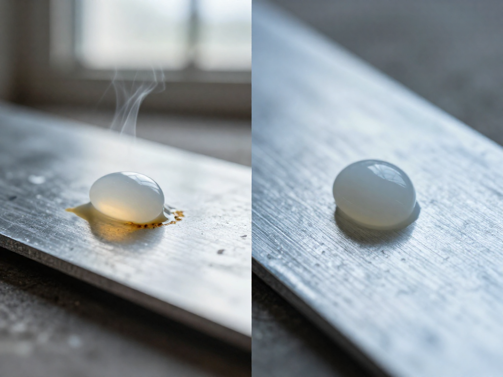 Close-up comparison of a corroded metal surface with acetoxy silicone and a clean surface with neutral cure silicone.