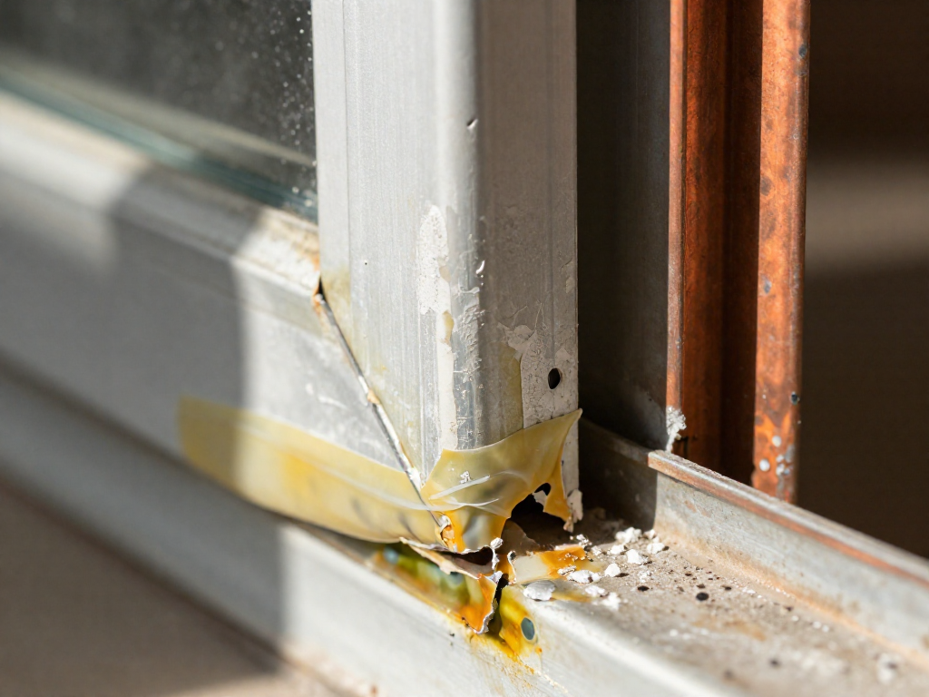 Severely corroded aluminum window frame with cracked yellowed silicone sealant and oxidation stains.