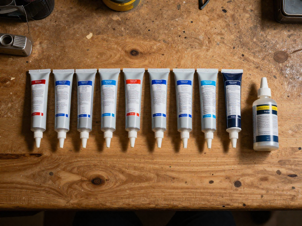 Overhead view of silicone sealant tubes, adhesion promoter, and primer on a wooden workbench.