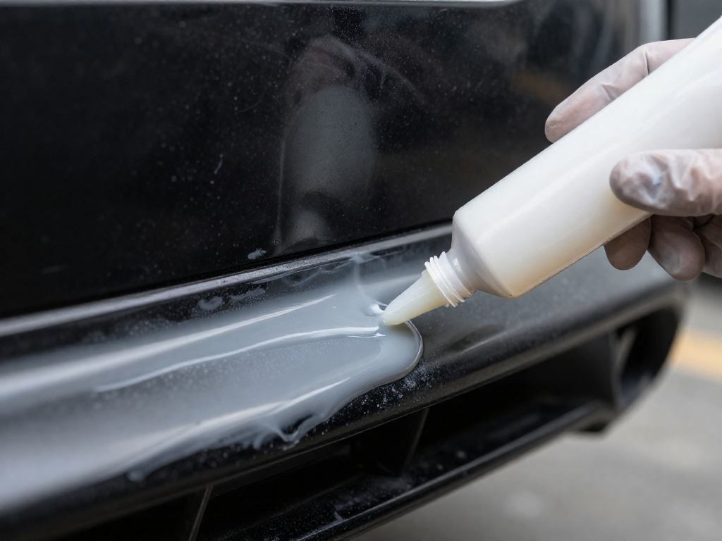 Gloved hands applying a bead of silicone to a primed plastic bumper seam.