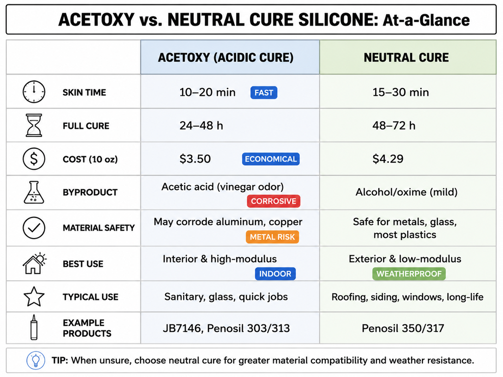 Infographic comparing acetoxy (acidic cure) and neutral cure silicone sealants, showing differences in skin time, full cure, cost, byproduct, material safety, best use, and example products, with a tip to choose neutral when unsure.