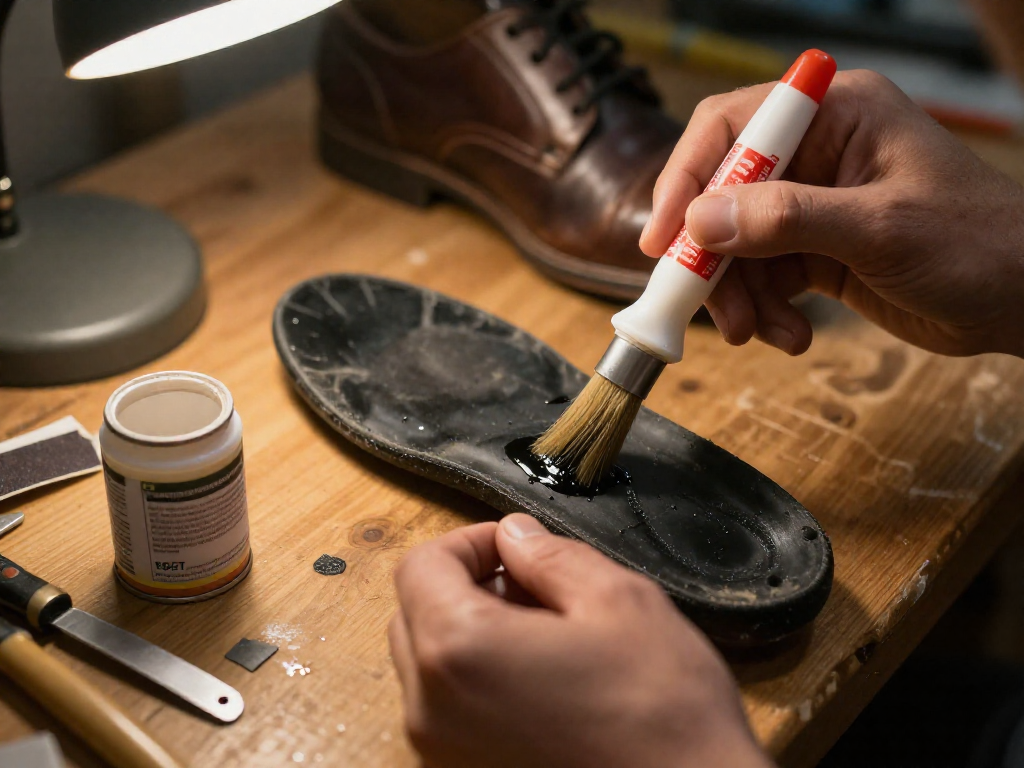 Close-up of hands applying contact cement to a rubber shoe sole and a leather shoe using a brush on a workshop bench.