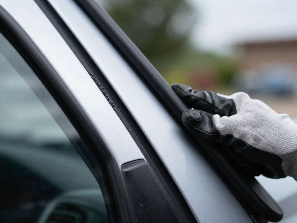 Gloved hand pressing a black rubber weatherstrip onto a car door frame, with fresh adhesive visible.