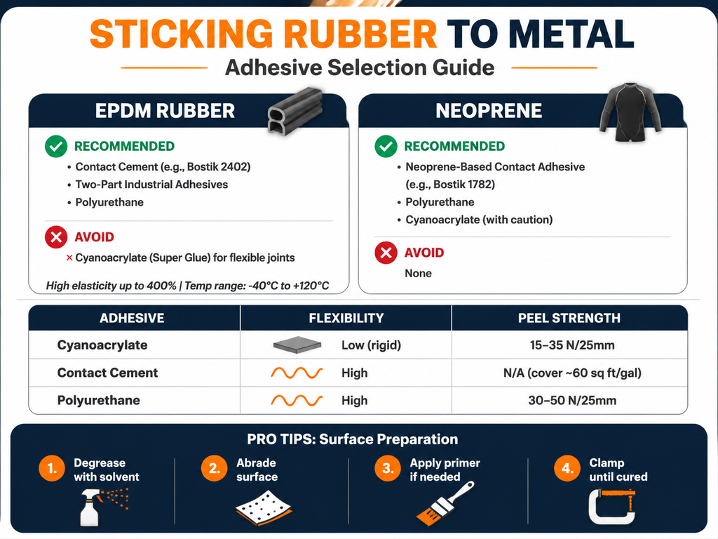 Infographic comparing adhesives for bonding EPDM and neoprene rubber to metal. EPDM recommends contact cement and polyurethane, avoids cyanoacrylate; neoprene recommends neoprene-based contacts and polyurethane. Includes flexibility ratings and T-peel strengths: cyanoacrylate 15-35 N/25mm, polyurethane 30-50 N/25mm. Surface preparation tips: degrease, abrade, prime, clamp.