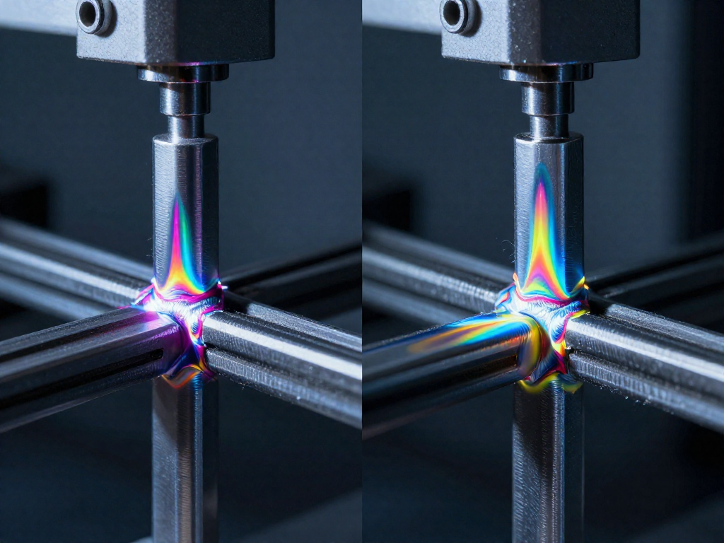 Side-by-side comparison of two steel joints under tension: one welded, one adhesive-bonded, with colorful stress patterns visible around the bond areas.