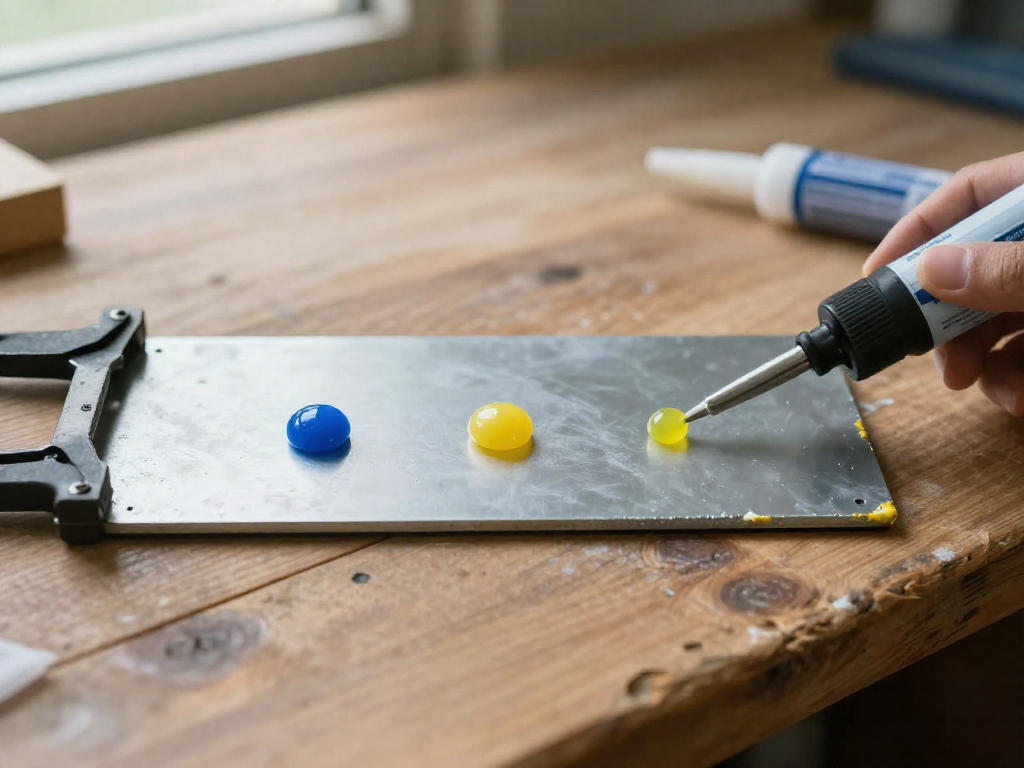 Three-step process of applying two-part adhesive: resin bead, activator bead, and then a clamped steel joint on a wooden surface.