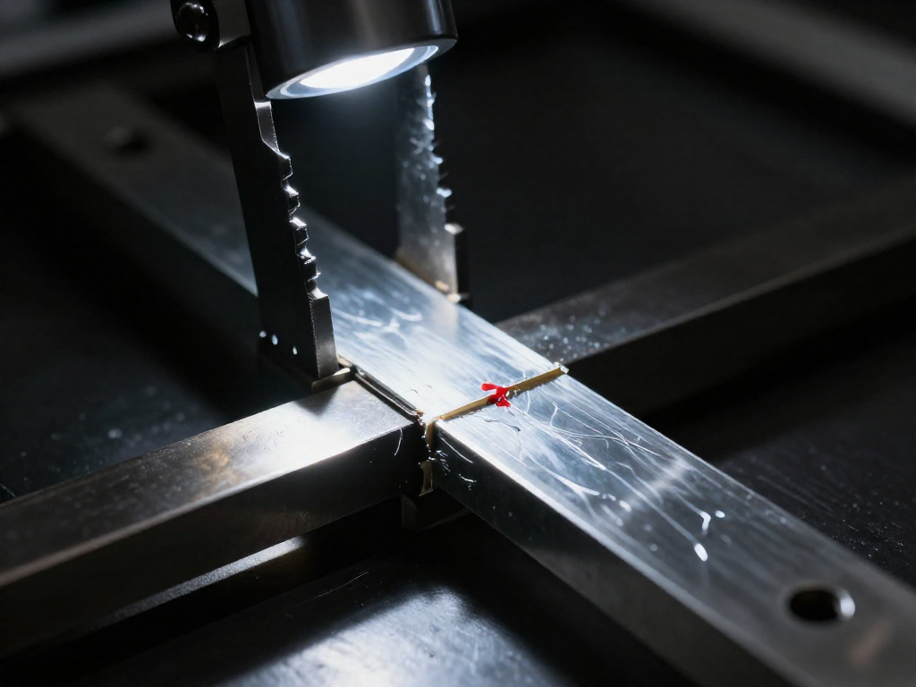 Close-up of a metal lap shear specimen under tension in a testing machine, with adhesive layer stretching and a stress indicator dye visible.