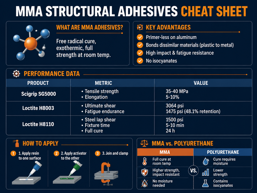 Infographic summarizing key facts about MMA structural adhesives: fast room-temperature cure via free radical reaction, high tensile strength 35-40 MPa, lap shear strength up to 3064 psi, excellent fatigue resistance (48.1% strength retention), primer-less bonding on aluminum, ability to bond dissimilar materials like plastic to metal, two-part application with resin and activator, and advantages over polyurethanes (no isocyanates, no moisture required).