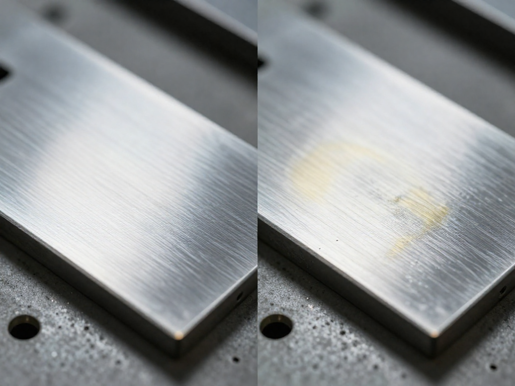 Side-by-side comparison of a clean metal surface and one with a subtle fingerprint, highlighting the importance of degreasing before bonding.