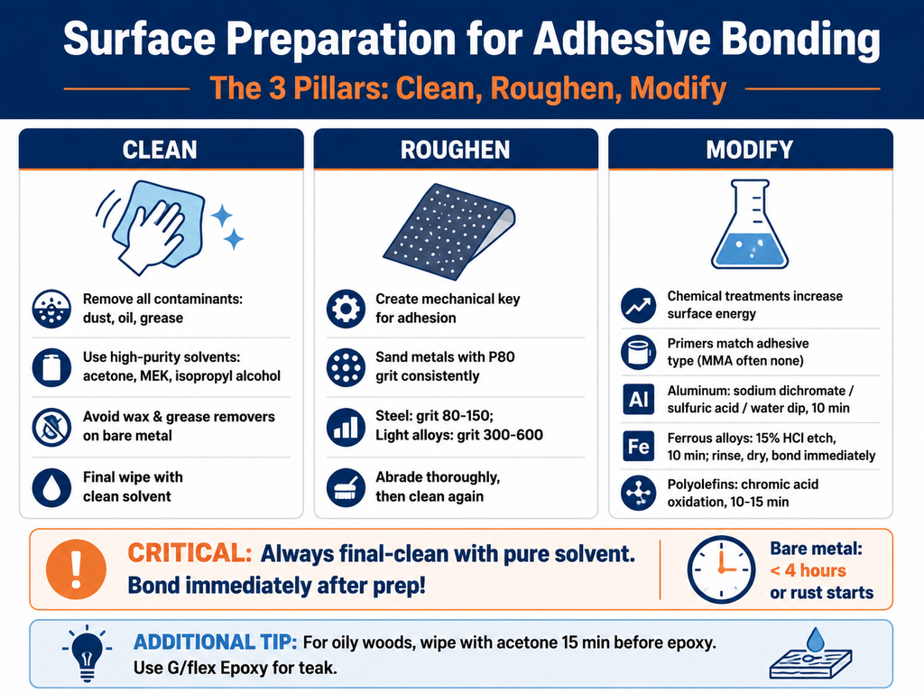 Infographic outlining the three essential surface preparation steps for adhesive bonding: clean (remove contaminants), roughen (sand to create texture), and modify (chemical treatments or primers). Includes specific grit sizes, solvent types, and chemical recipes for various materials, with a critical reminder to bond immediately after final cleaning.