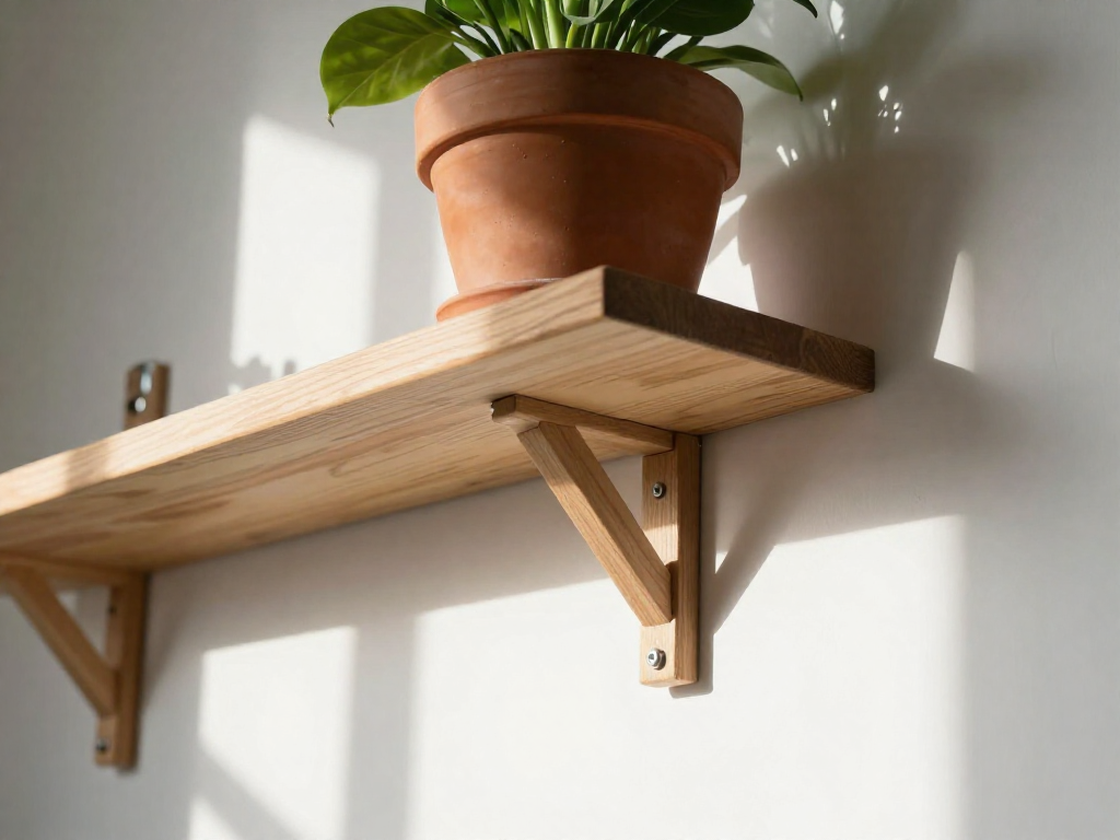 A wooden shelf mounted on a wall holds a heavy potted plant, seen from below to show the point where the shelf is anchored.