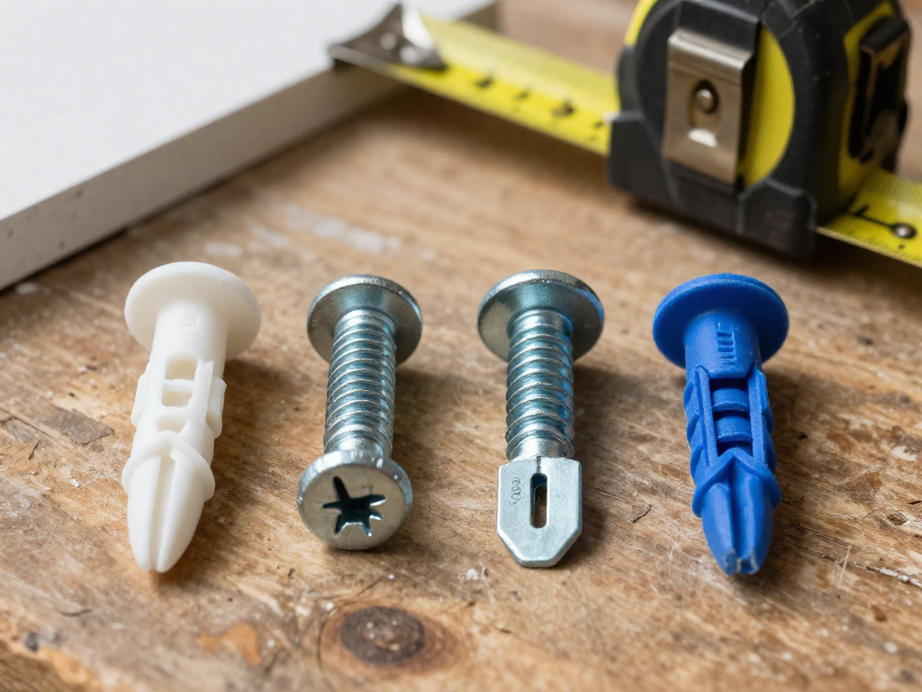 Four different types of drywall anchors arranged in a line on a wooden workbench.