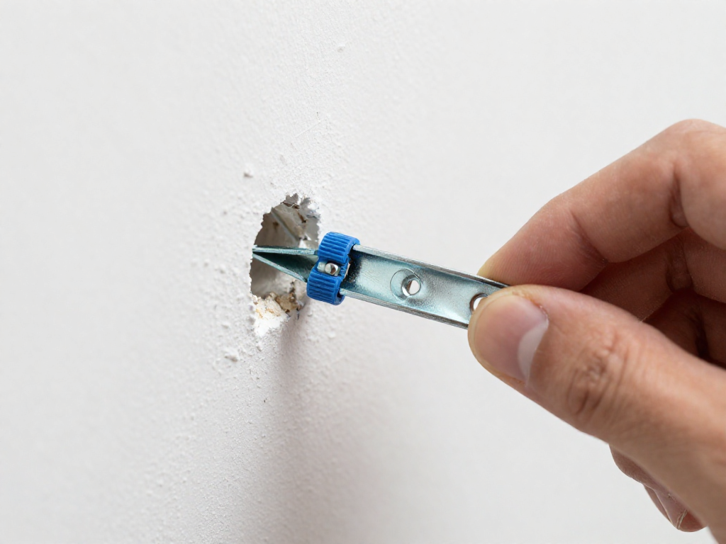 Close-up of a hand pushing a snap toggle anchor into a hole in drywall, with the wings still folded.