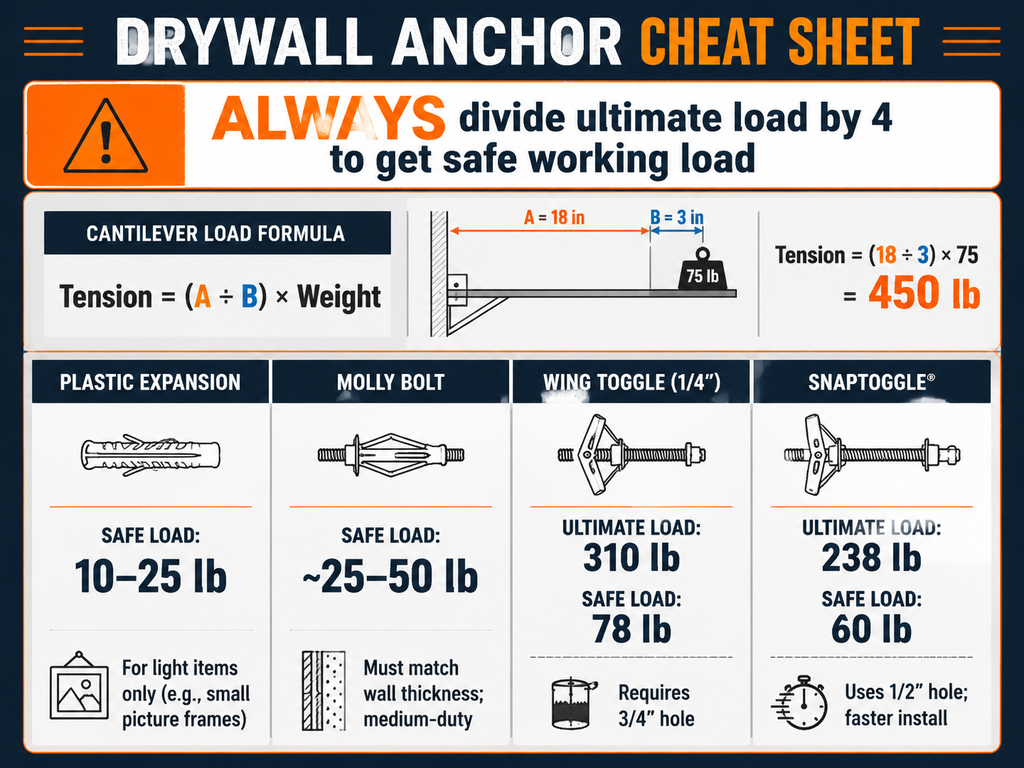 Infographic comparing drywall anchors: plastic expansion (safe load 10-25 lb), molly bolt (25-50 lb), wing toggle bolt (ultimate 310 lb, safe 78 lb, 3/4 inch hole), and SNAPTOGGLE (ultimate 238 lb, safe 60 lb, 1/2 inch hole). Also shows safety factor (divide ultimate by 4) and cantilever load formula Tension = (A/B) × Weight with example.