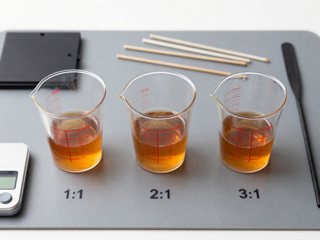 Three clear measuring cups showing epoxy resin and hardener mixed in 1:1, 2:1, and 3:1 ratios on a grey work mat.
