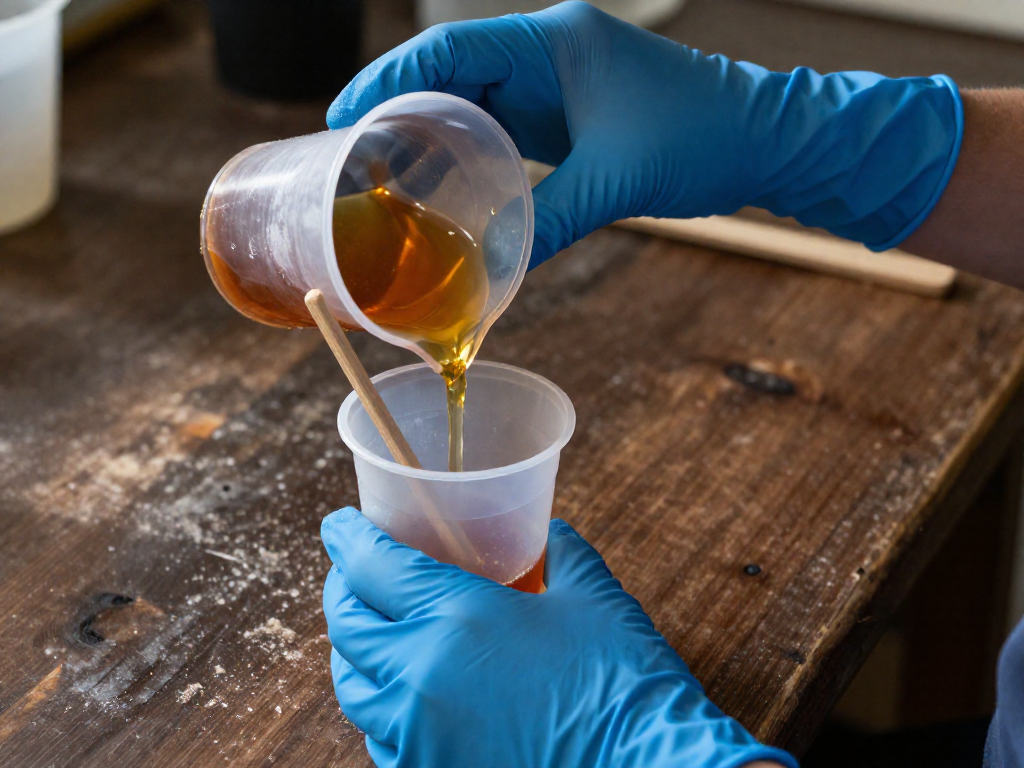 Gloved hands pouring amber epoxy resin into a cup of clear hardener, with a stir stick on a dark workbench.