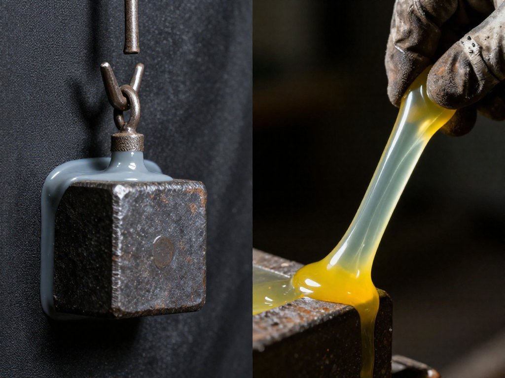 Two epoxy bonds: a rigid bond holding a heavy weight, and a flexible bond being bent by hand.