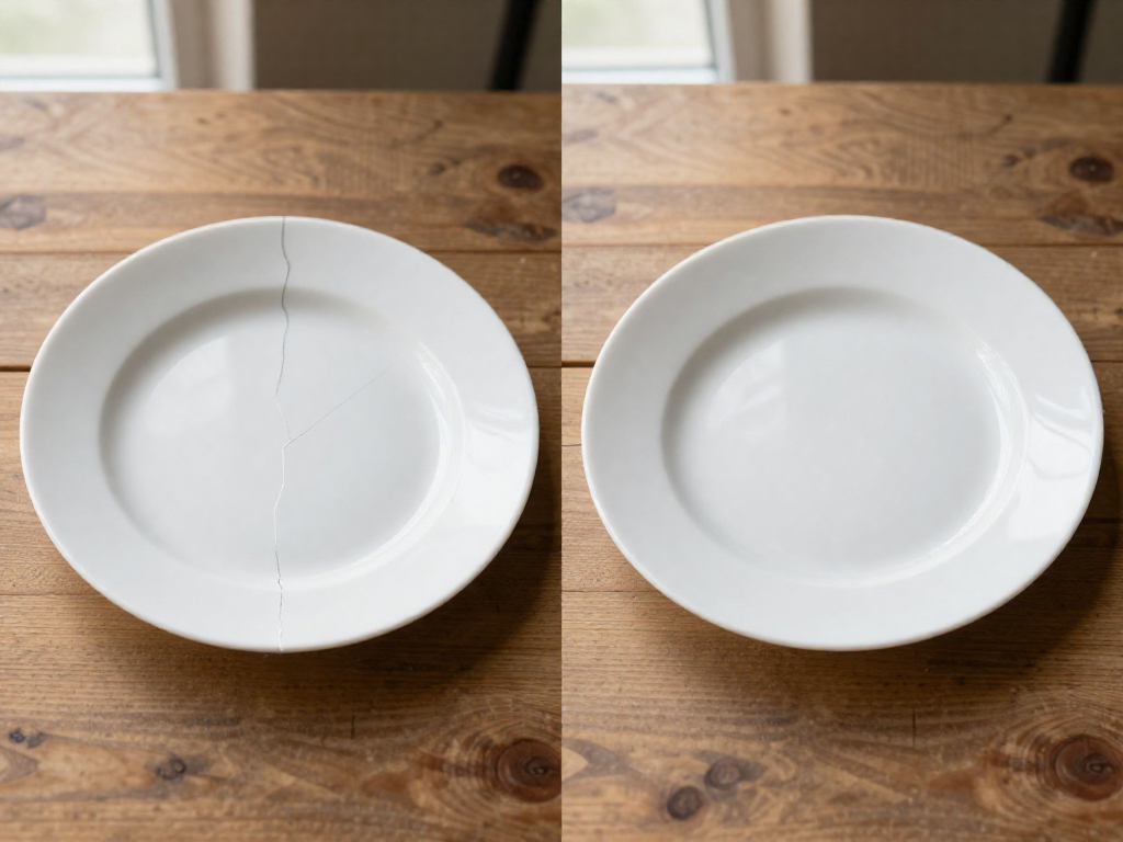 A cracked white ceramic plate repaired with clear epoxy: left shows the crack, right shows the flawlessly fixed plate.