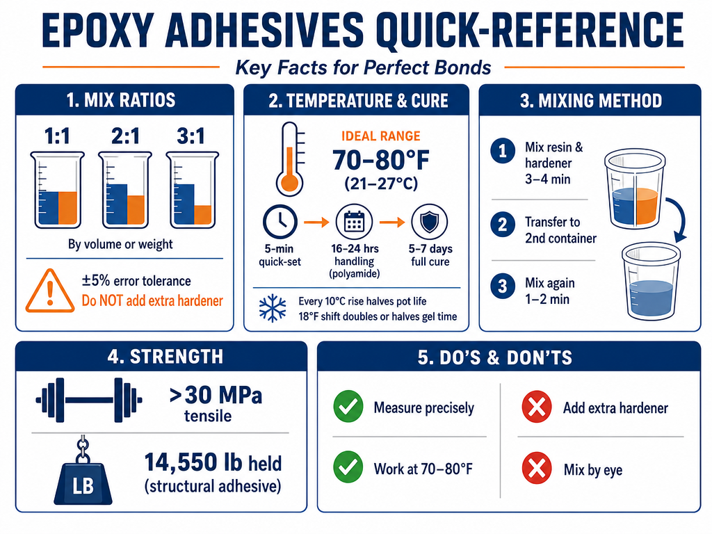 Infographic cheat sheet for epoxy adhesives. Sections: Mix Ratios (1:1, 2:1, 3:1, do not add extra hardener, ±5% error tolerance), Temperature & Cure (ideal 70–80°F, cure times from 5 min to 7 days, temperature effects on pot life and gel time), Mixing Method (two-container: mix 3-4 min, transfer, mix 1-2 min), Strength (>30 MPa tensile, 14,550 lb held), Do's & Don'ts (measure precisely, work at ideal temp; avoid extra hardener, mixing by eye).