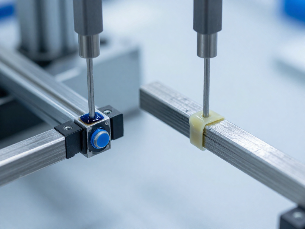 Side-by-side close-up of epoxy and polyurethane adhesive bonds under tension, with epoxy holding firm and polyurethane showing a crack.