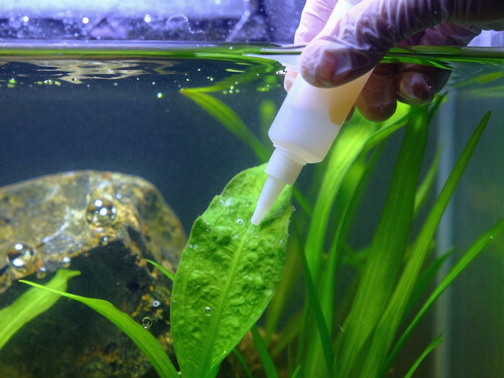 Hand in a protective glove applying clear adhesive to a green aquatic plant leaf underwater in an aquarium.