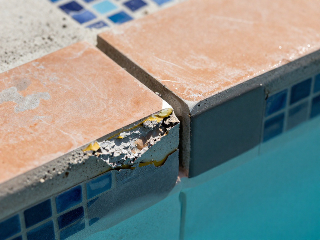 Cross-section of two pool tiles: left tile with regular adhesive detaching from concrete, right tile with epoxy firmly bonded.