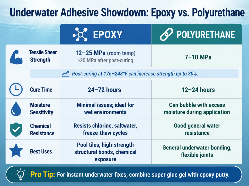 An infographic comparing epoxy and polyurethane adhesives for underwater use. Shows tensile shear strength (epoxy 12-25 MPa, polyurethane 7-10 MPa), cure times (epoxy 24-72 hours, polyurethane 12-24 hours), moisture sensitivity, chemical resistance, and best applications. Includes a pro tip about combining super glue gel and putty.