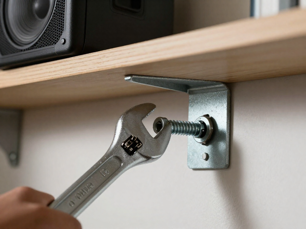 A snap toggle bolt being tightened into drywall with a wrench, securing a metal bracket to the wall.
