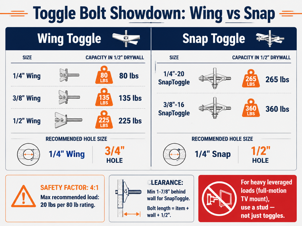 Infographic comparing wing toggle bolts and snap toggle bolts. Weight capacities in 1/2-inch drywall: 1/4-inch wing holds 80 pounds, 3/8-inch holds 135, 1/2-inch holds 225; 1/4-20 snap toggle holds 265, 3/8-16 holds 360 pounds. Hole sizes: 3/4-inch for 1/4-inch wing, 1/2-inch for 1/4-inch snap. Safety factor of 4:1 recommended. Clearance and bolt length formula included. Warning not to use toggles alone for heavy leveraged loads.