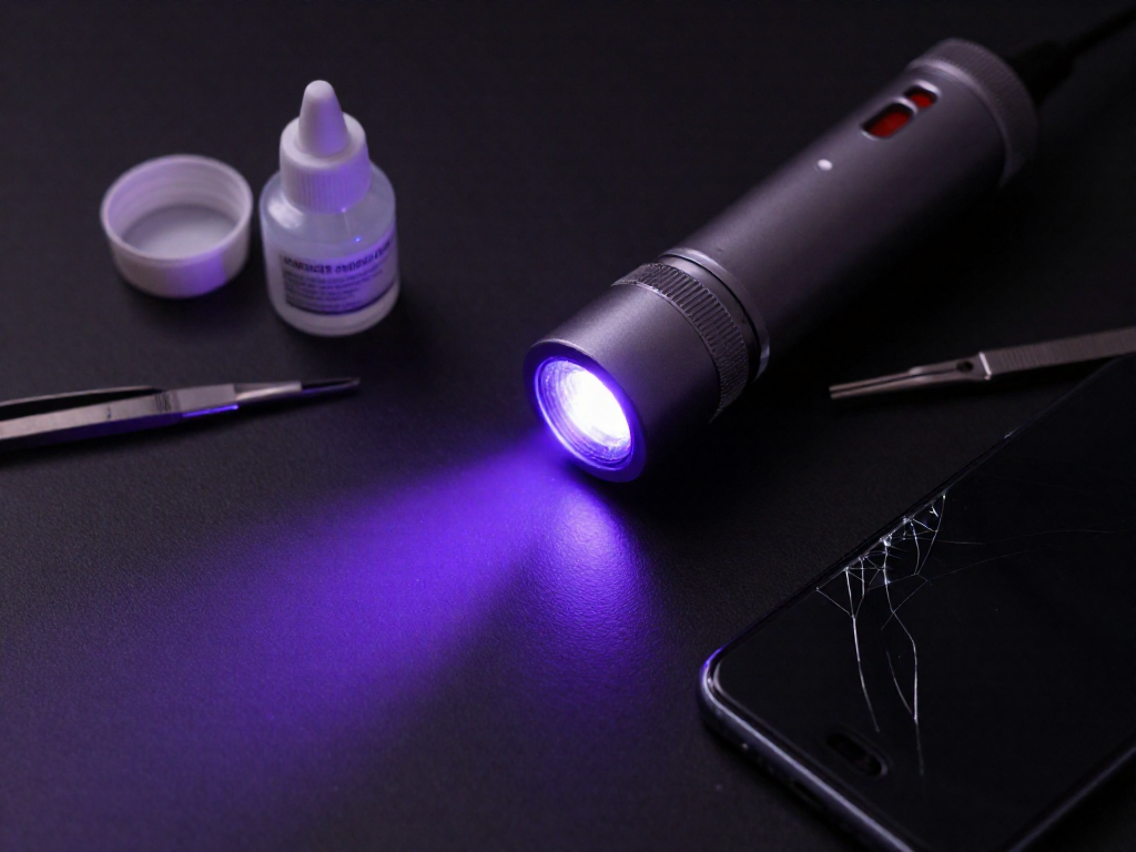 A UV flashlight emitting violet light next to tweezers and a bottle of clear adhesive on a dark workbench with a partially repaired smartphone.